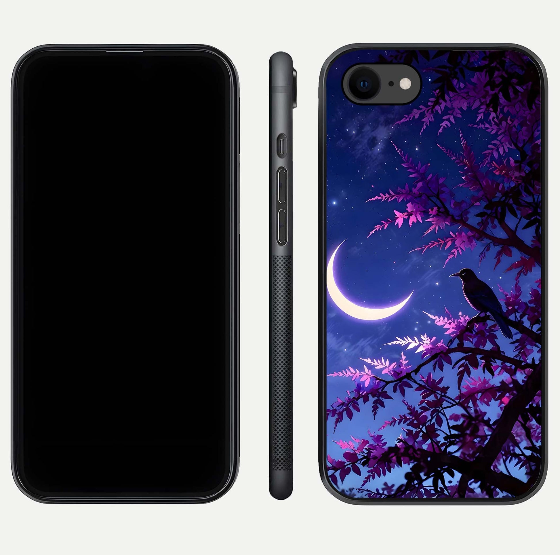 Crow & Moon Scenery Glass Case for iPhone 8 dual-view layout displaying night sky art and curved glass edges