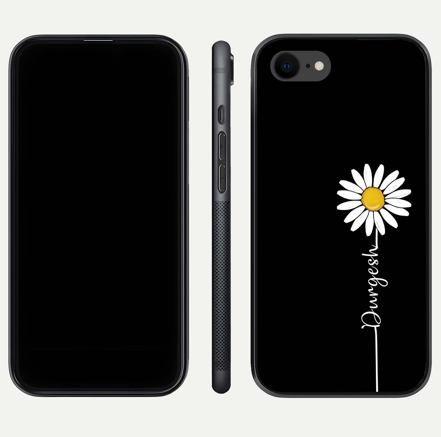 Custom Name White Flower Glass Case for iPhone 8 dual-view layout showing elegant floral tone and curved edge finish