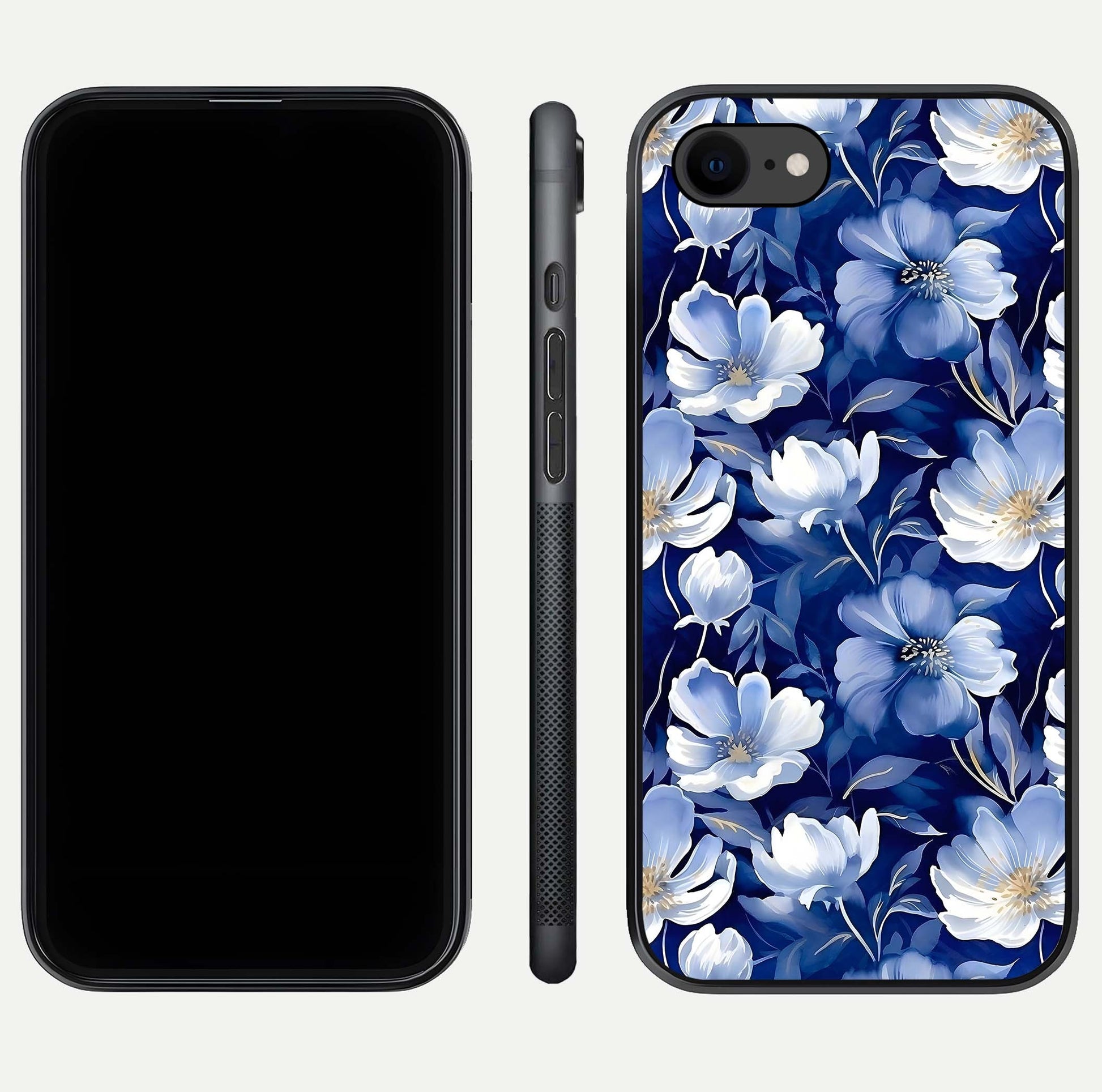 Cute Floral Patterns Glass Case for iPhone 8 dual-view layout displaying HD floral print and curved edges