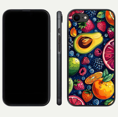 Cute Fruits Art Glass Case for iPhone 8 dual-view layout displaying playful tones and curved design