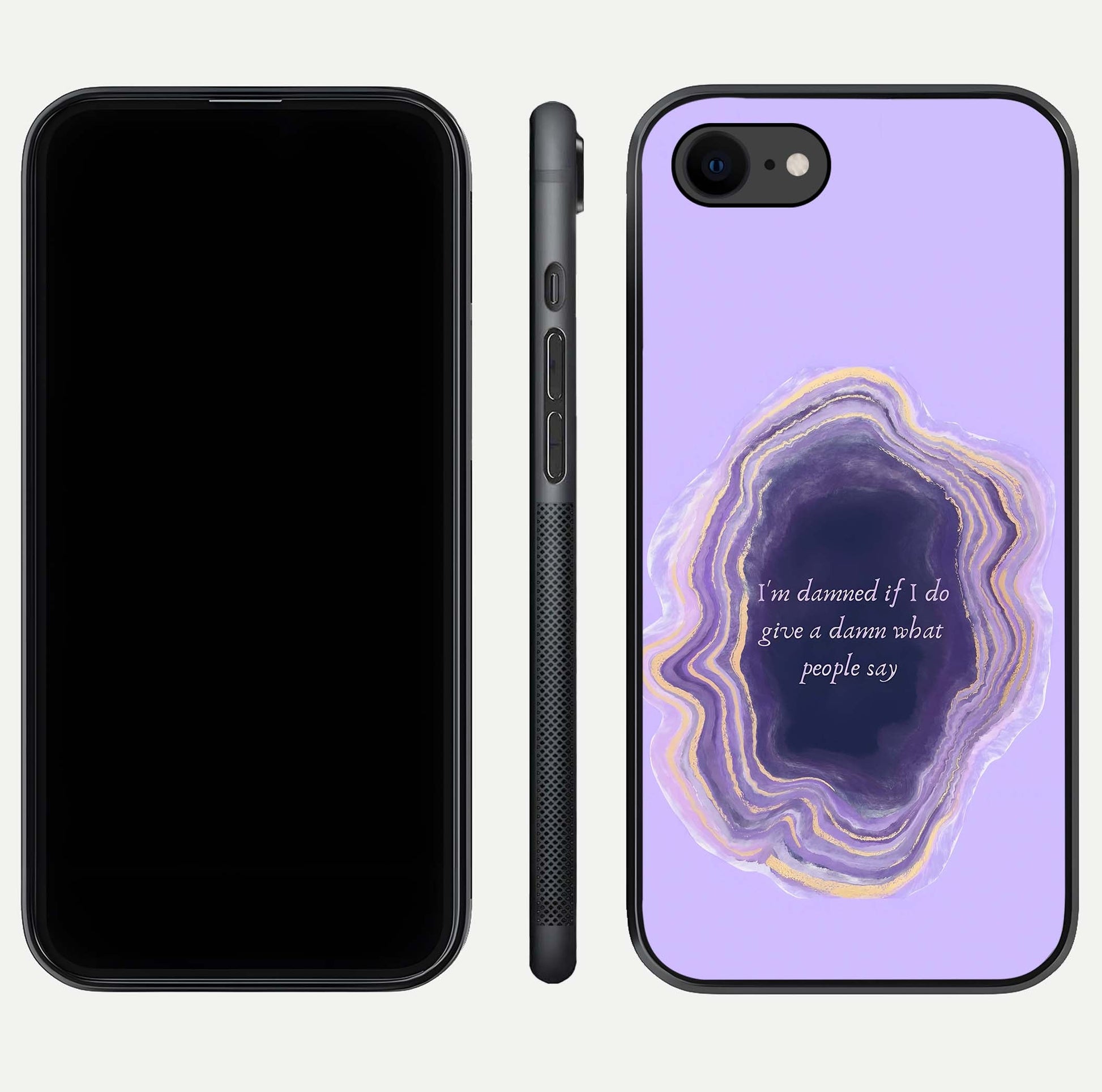 Damned People Quote Glass Case for iPhone 8 dual-view layout displaying modern print and glass clarity