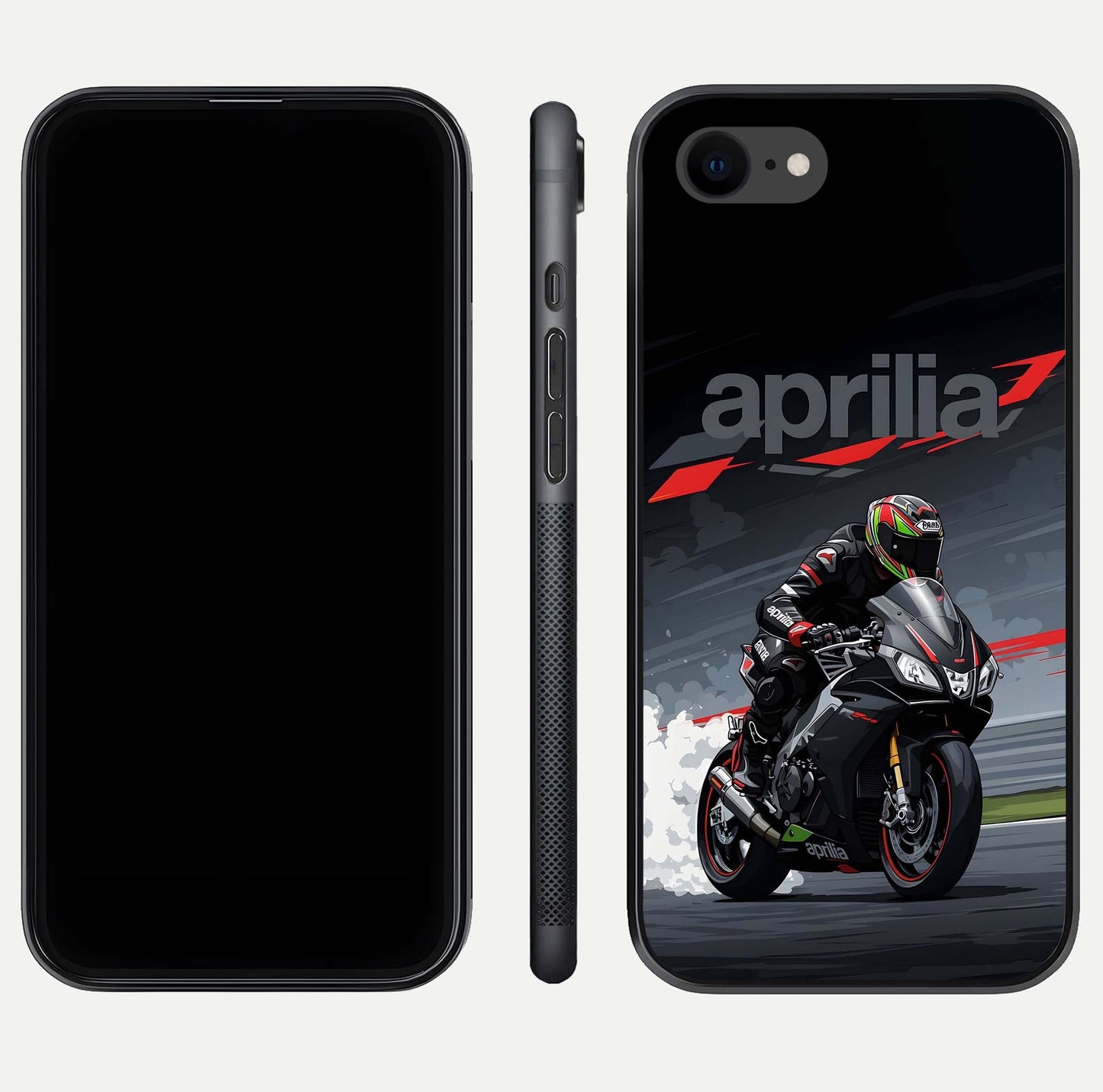 Dark Aprilla Glass Case for iPhone 8 dual-view layout displaying sleek racing look and HD shine