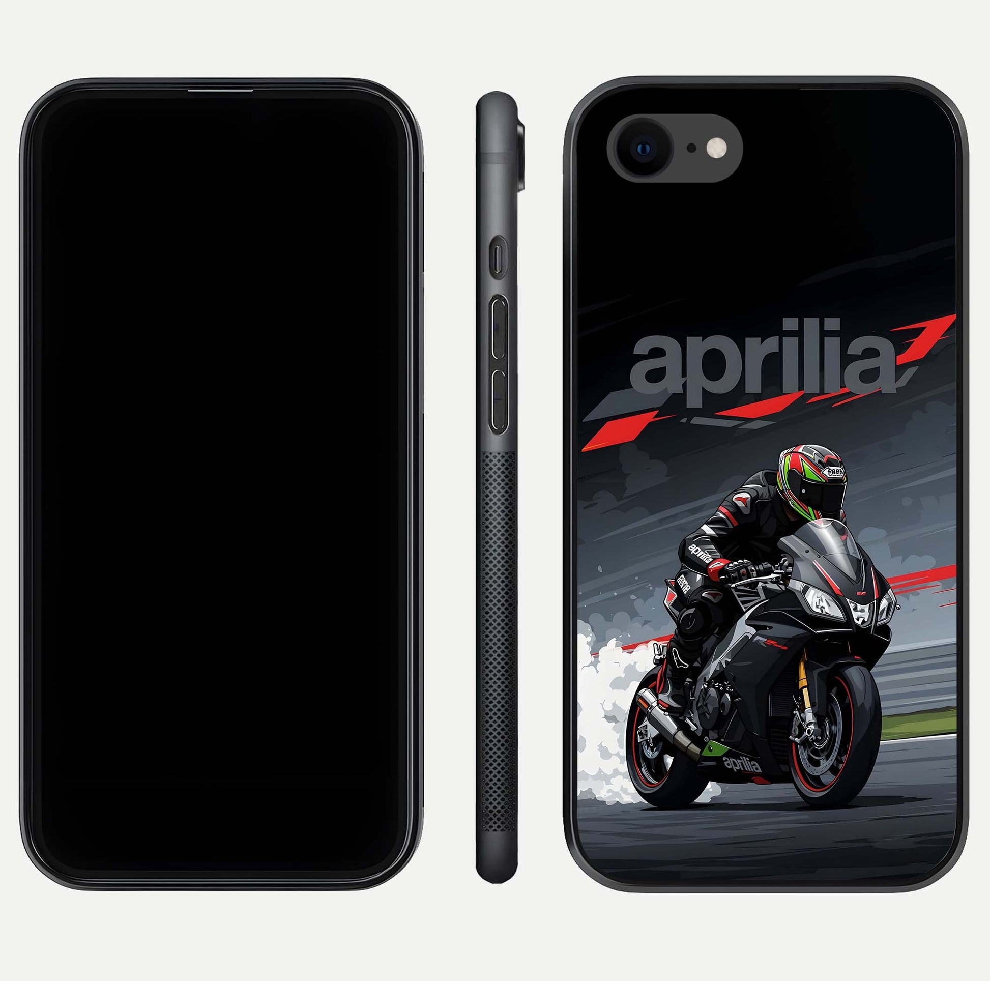 Dark Aprilla Glass Case for iPhone 8 dual-view layout displaying sleek racing look and HD shine