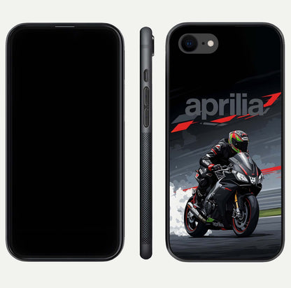 Dark Aprilla Glass Case for iPhone 8 dual-view layout displaying sleek racing look and HD shine