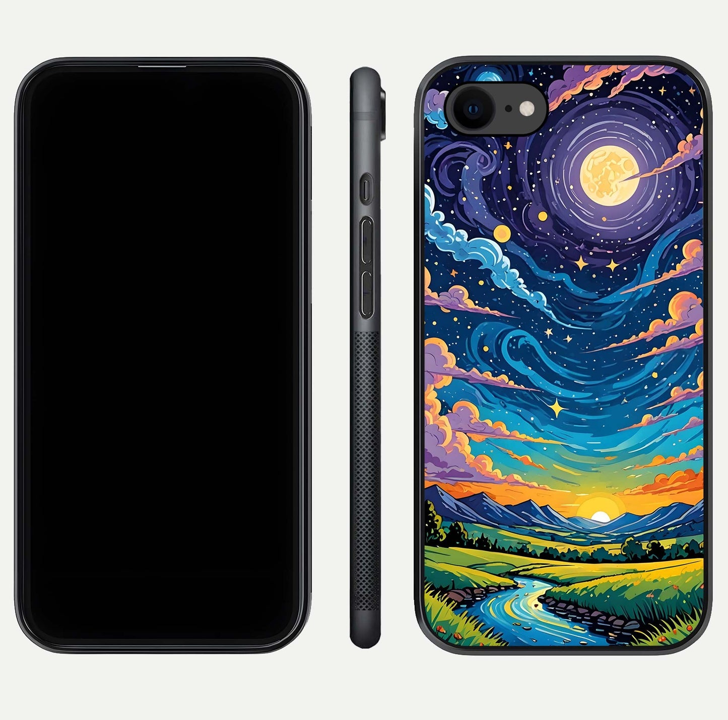 Dreamy Night Landscape Glass Case for iPhone 8 dual-view layout displaying HD print and curved glass edges