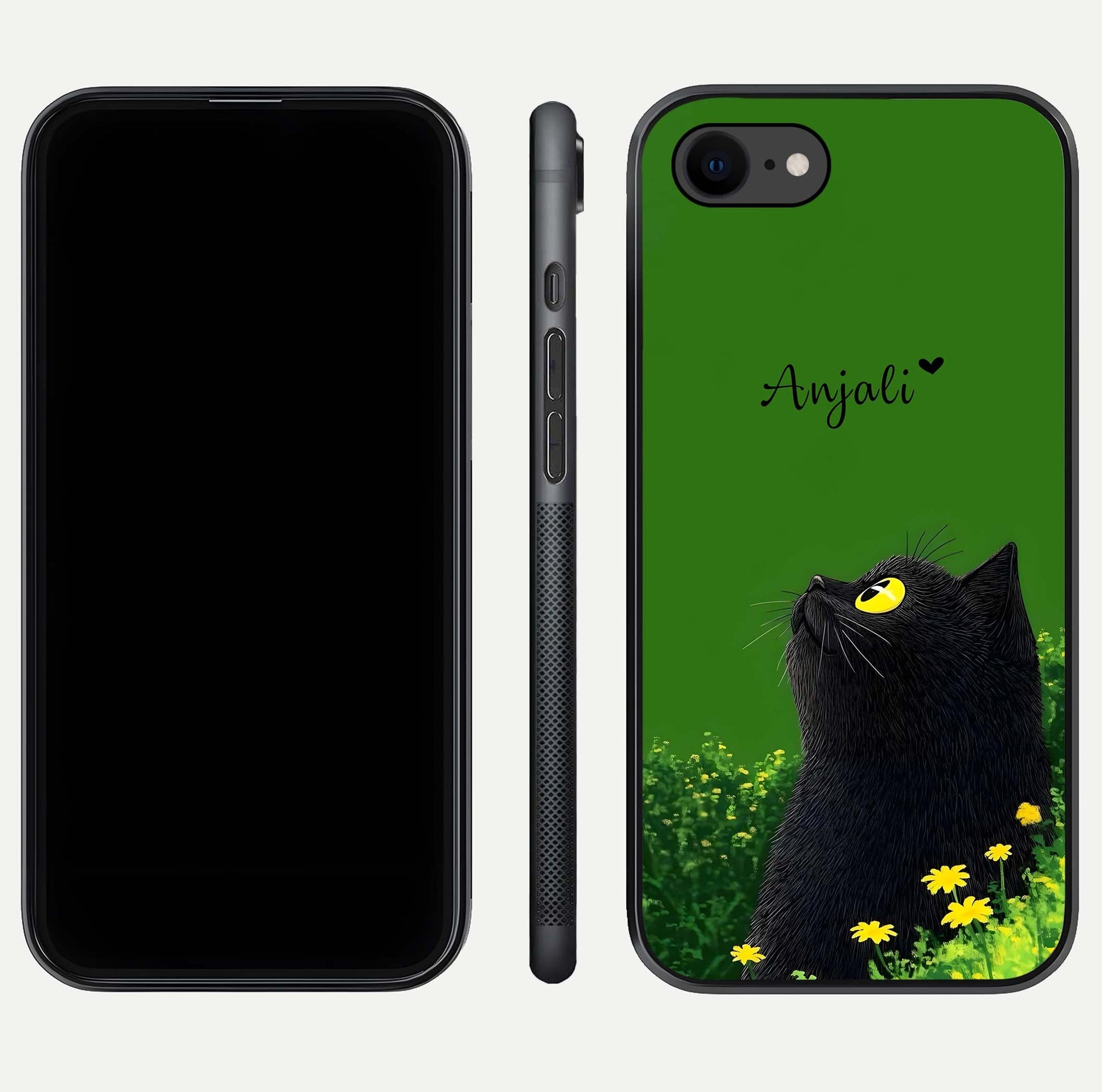 Emerald Cat Custom Name Glass Case for iPhone 8 dual-view layout displaying artistic tones and smooth curves