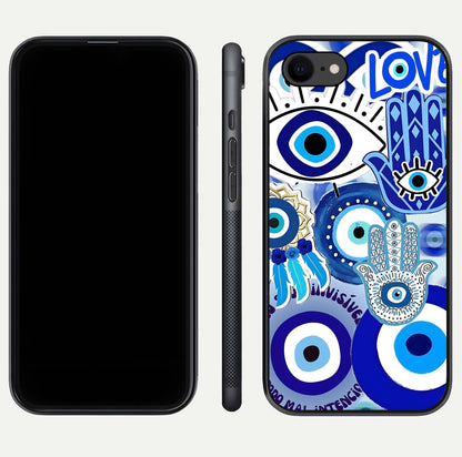 Evil Eyes Dream Glass Case for iPhone 8 dual-view layout displaying spiritual motif and polished curved edge