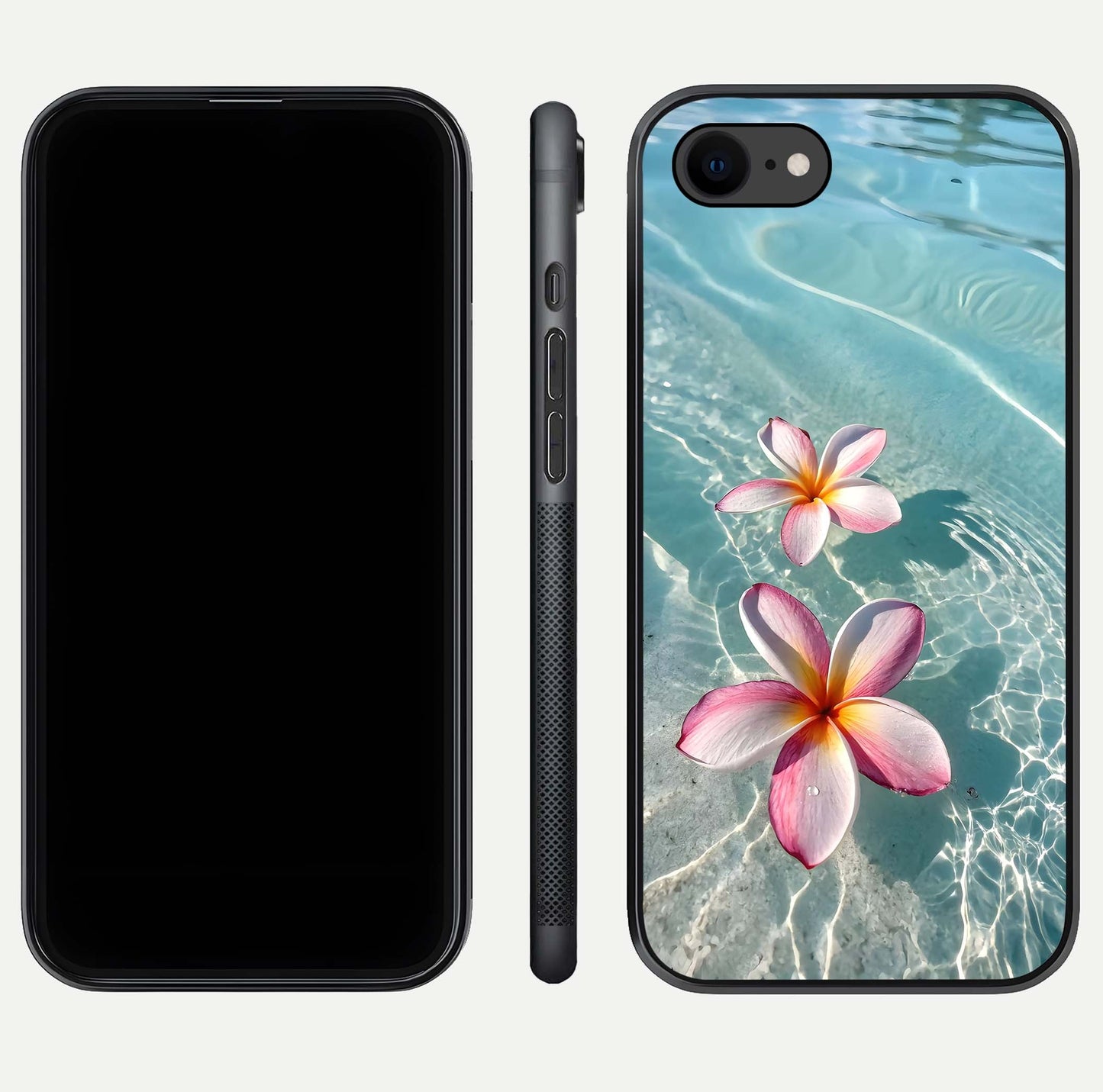 Floating Bloom Bliss Glass Case for iPhone 8 dual-view layout displaying soft pastel flowers and curved glass