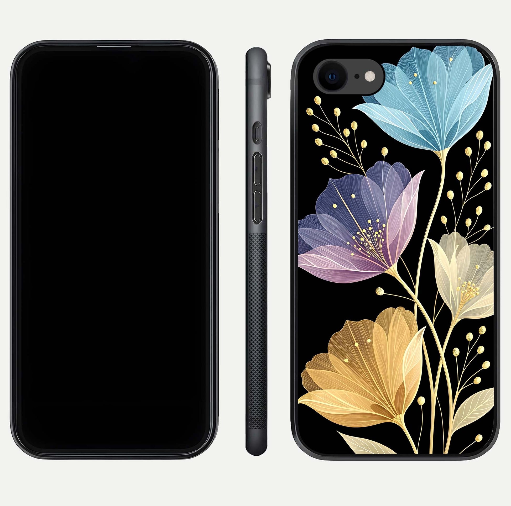 Flower Bloom Glow Glass Case for iPhone 8 dual-view layout displaying petal tones and curved glass edge