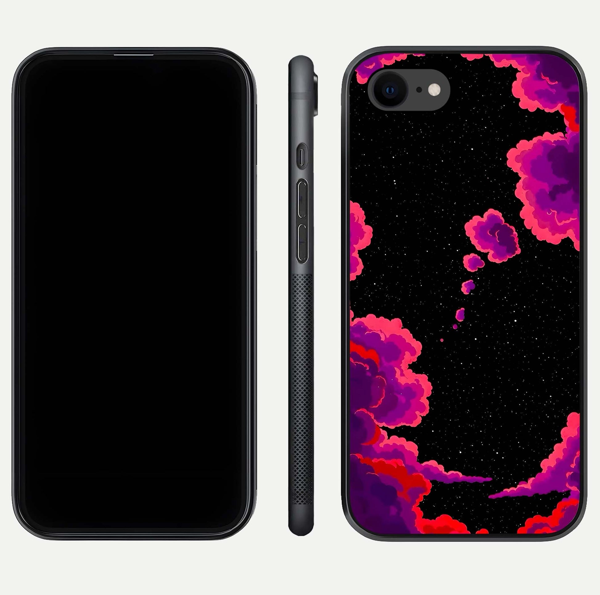Galaxy Dream Frame Glass Case for iPhone 8 front and back view layout highlighting cosmic design and smooth glass curvature
