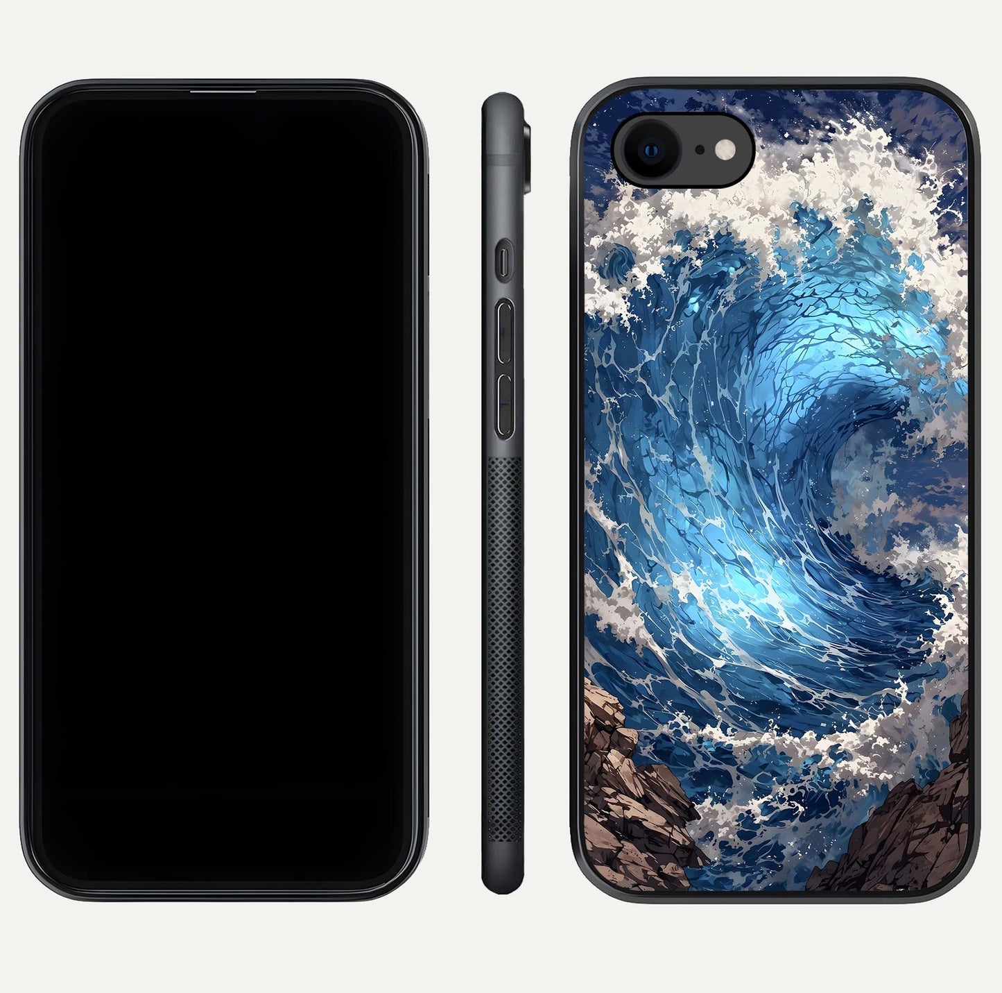 Giant Ocean Wave Glass Case for iPhone 8 front and back view layout displaying sea tones and smooth curved edges
