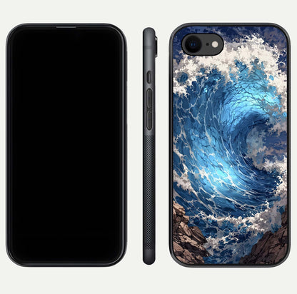 Giant Ocean Wave Glass Case for iPhone 8 front and back view layout displaying sea tones and smooth curved edges