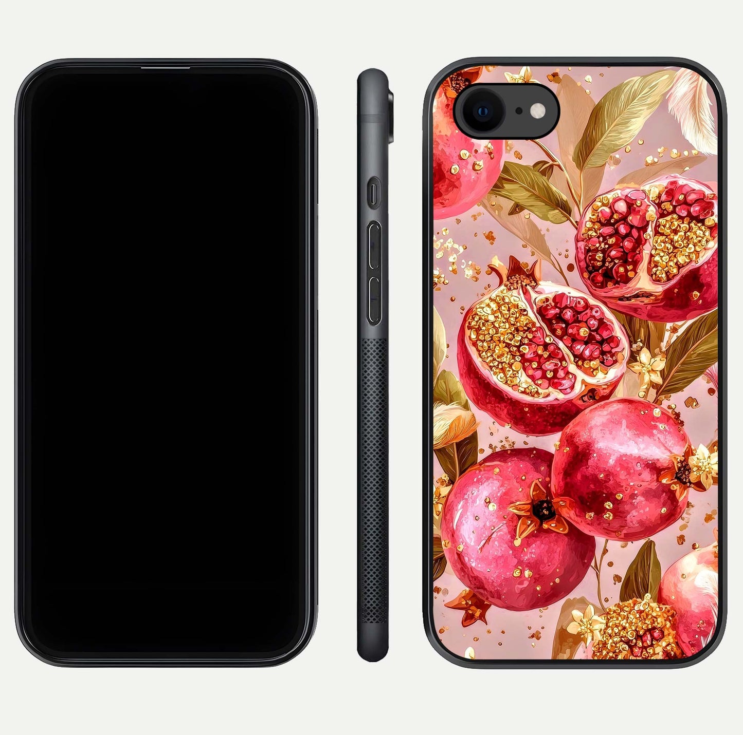 Golden Bloom Glow Glass Case for iPhone 8 front and back view layout highlighting luxury floral pattern and curved edges