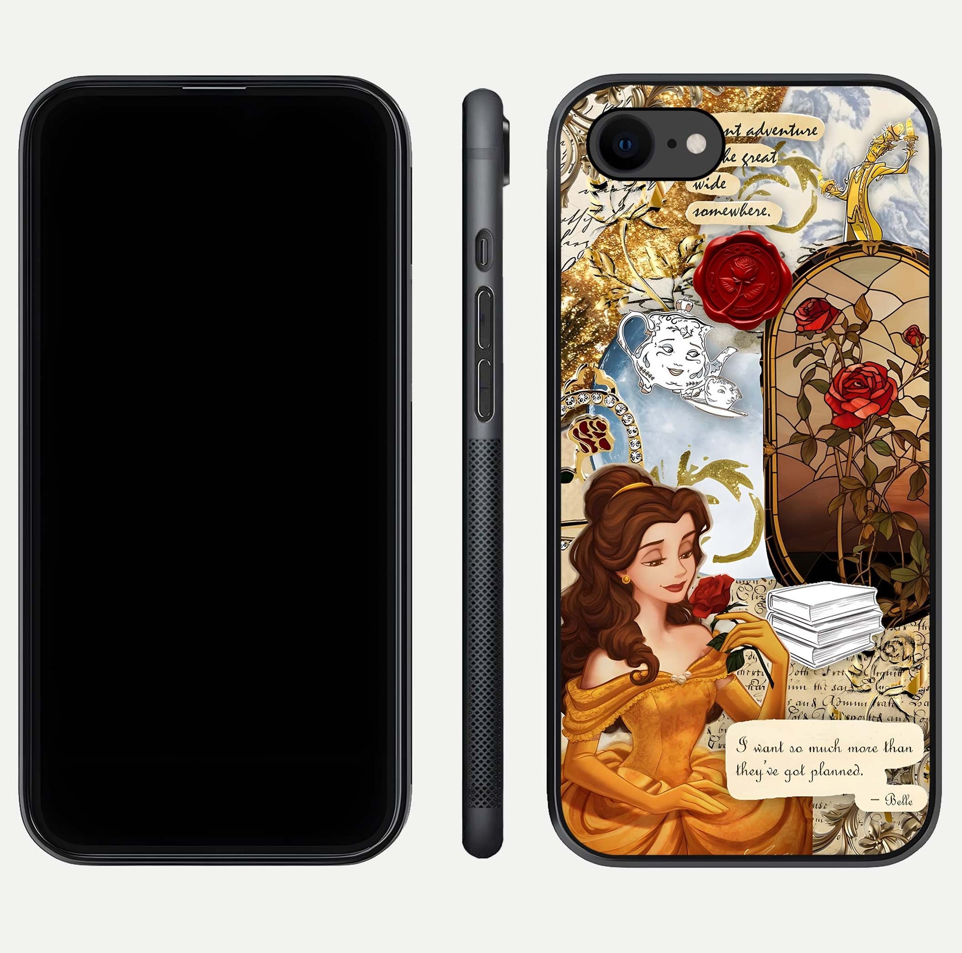 Golden Dream Belle Glass Case for iPhone 8 front and back view layout displaying dreamy golden theme and smooth curvature