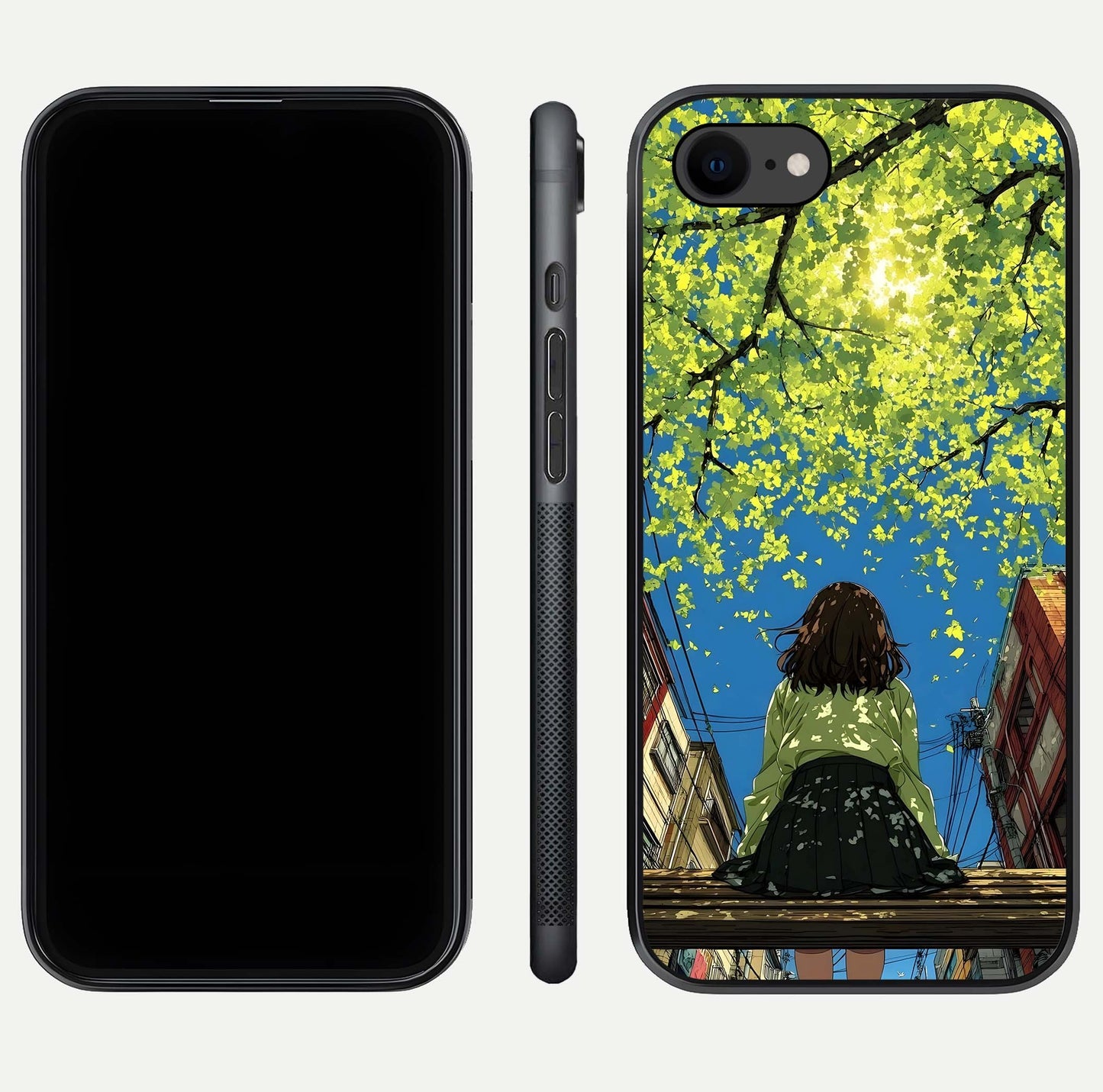 Golden Leaves Glow Glass Case for iPhone 8 front and back view layout highlighting glowing tones and curved edges