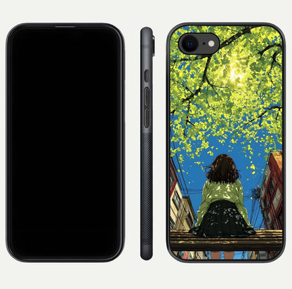 Golden Leaves Glow Glass Case for iPhone 8 front and back view layout highlighting glowing tones and curved edges