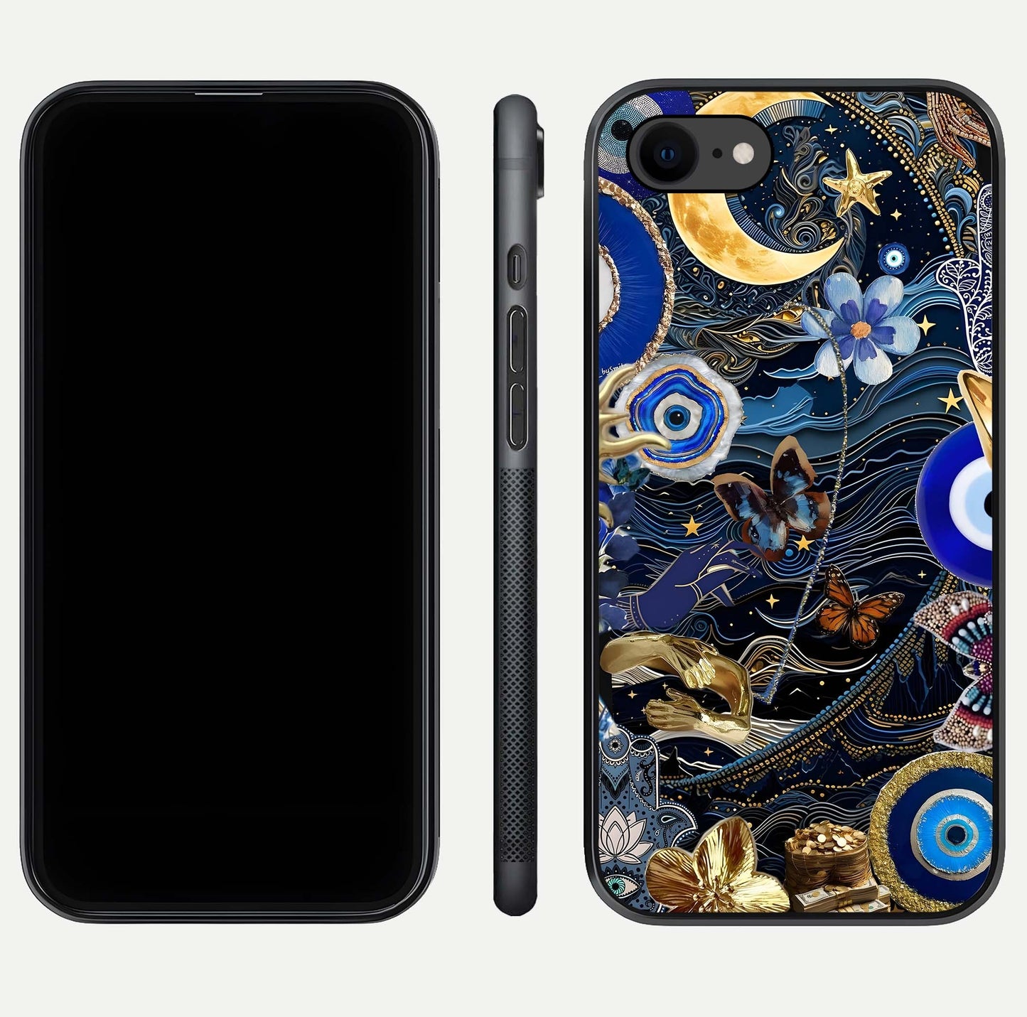 Golden Moon Magic Glass Case for iPhone 8 front and back view layout highlighting celestial tones and curved glass
