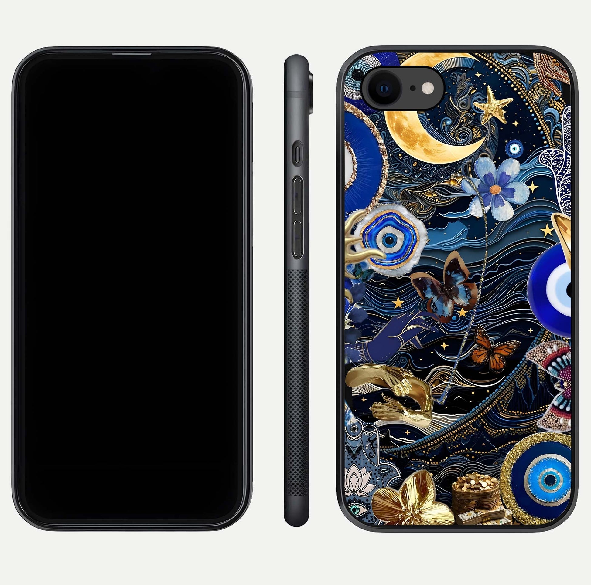 Golden Moon Magic Glass Case for iPhone 8 front and back view layout highlighting celestial tones and curved glass