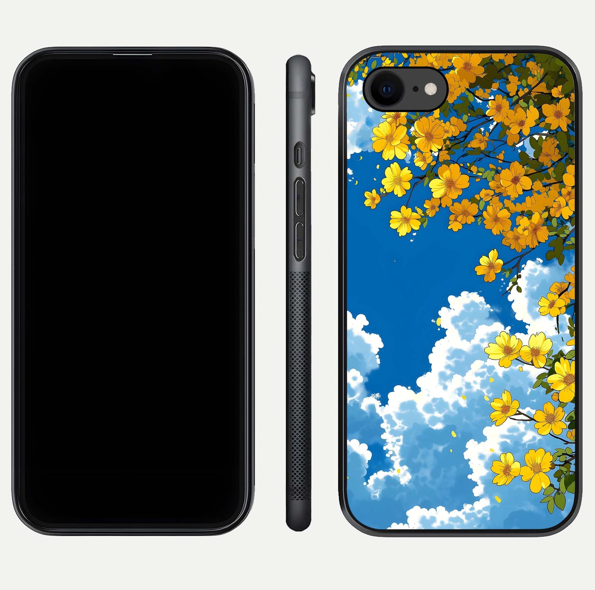 Golden Petal Sky Glass Case for iPhone 8 front and back view layout highlighting floral pattern and curved glass edges