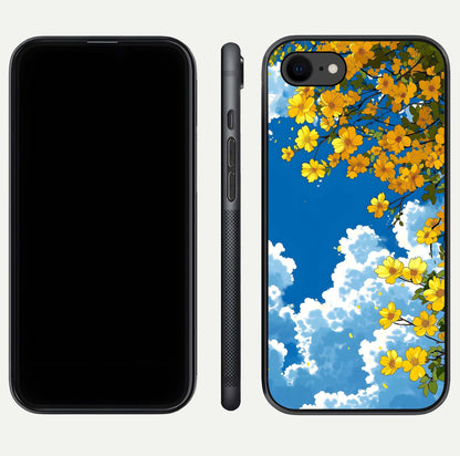 Golden Petal Sky Glass Case for iPhone 8 front and back view layout highlighting floral pattern and curved glass edges