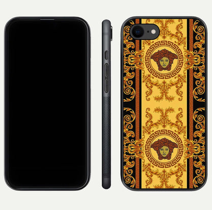 Golden Royal Heritage Glass Case for iPhone 8 front and back view layout displaying ornate gold texture and curved edges