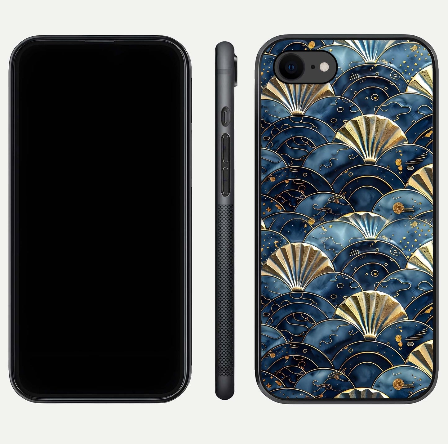 Golden Wave Luxe Glass Case for iPhone 8 front and back view layout highlighting fluid gold design and curved glass