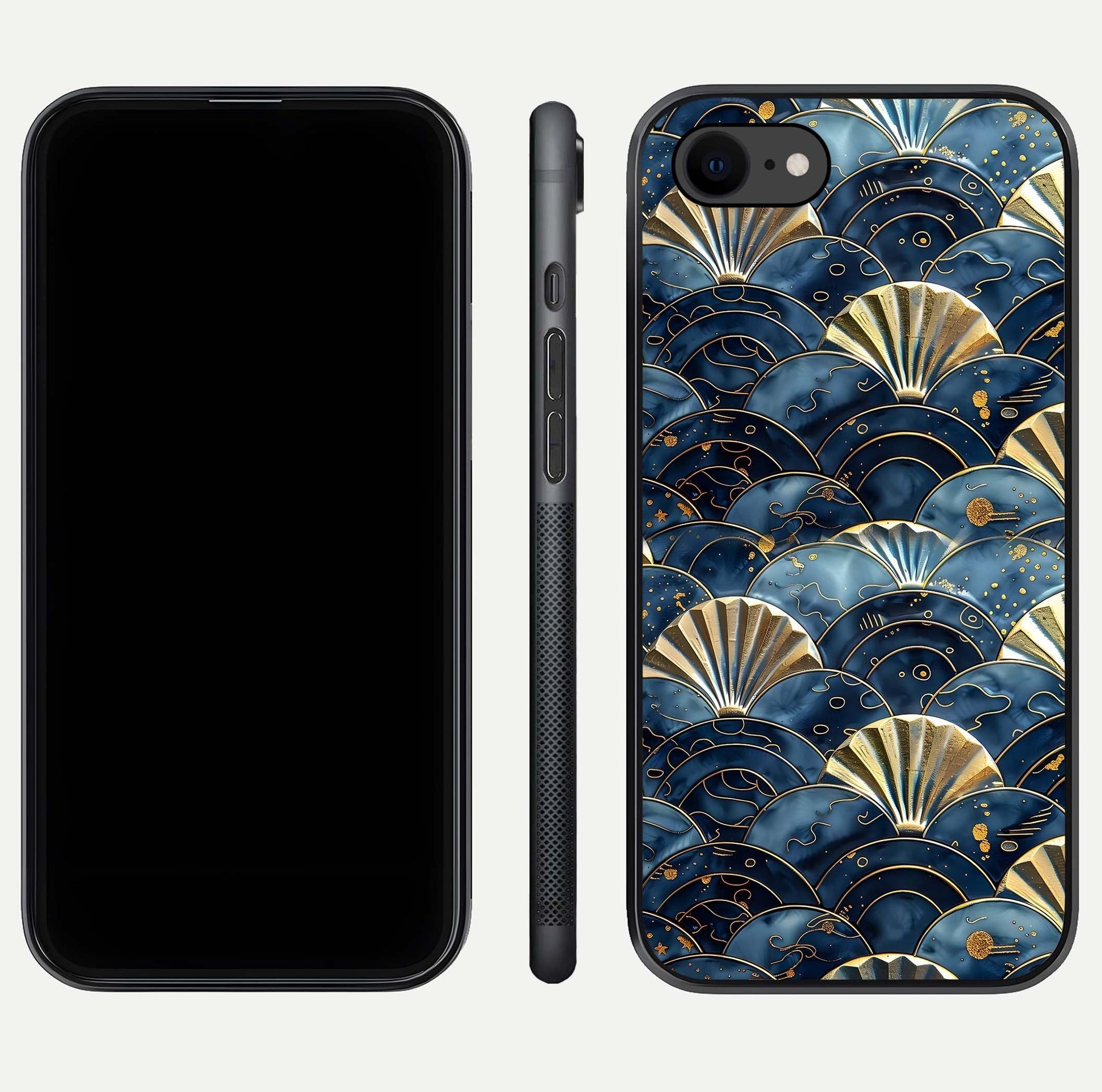 Golden Wave Luxe Glass Case for iPhone 8 front and back view layout highlighting fluid gold design and curved glass
