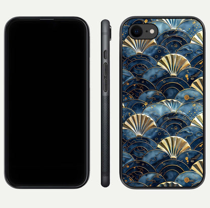 Golden Wave Luxe Glass Case for iPhone 8 front and back view layout highlighting fluid gold design and curved glass