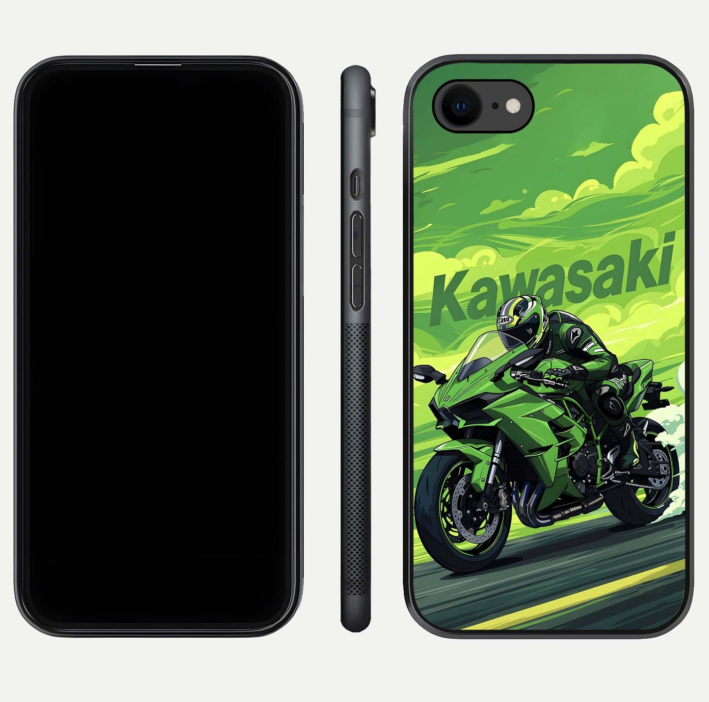 Green Kawasaki Glass Case for iPhone 8 front and back view layout highlighting vivid green tones and curved glass edges
