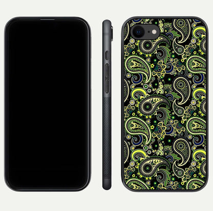 Green Mandala Pattern Glass Case for iPhone 8 front and back view layout highlighting geometric art and curved glass