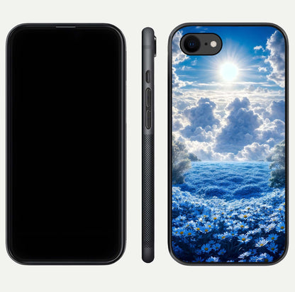 Heavenly Daisy Horizon Glass Case for iPhone 8 front and back view layout highlighting floral field tones and curved edges