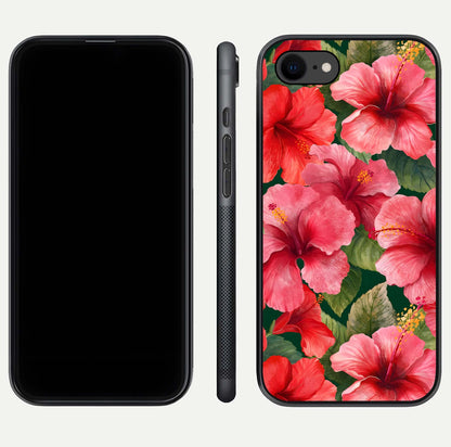 Hibiscus Pattern Glass Case for iPhone 8 front and back view layout highlighting tropical design and curved glass edges