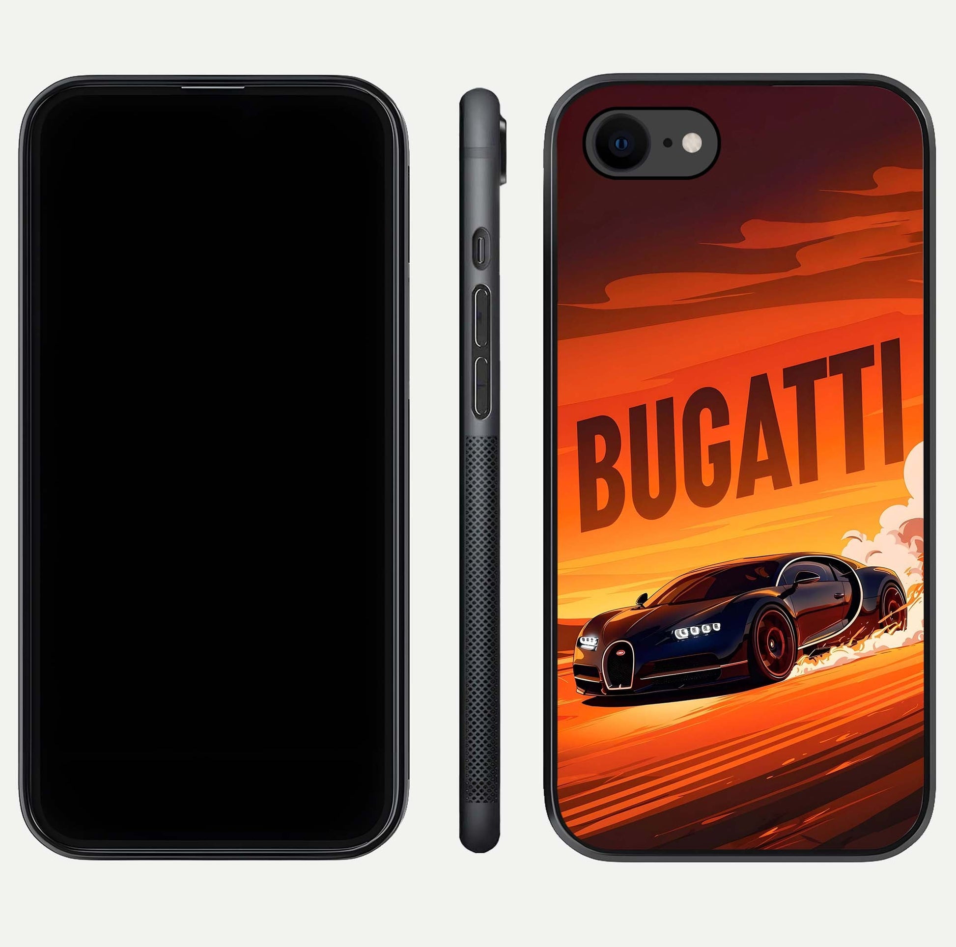 Inferno Bugatti Storm Glass Case for iPhone 8 front and back view layout highlighting car silhouette and curved glass edge