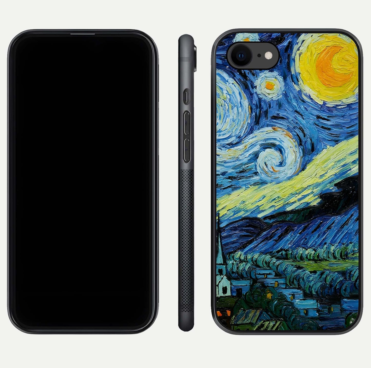 Inspired Van Gogh Art Glass Case for iPhone 8 front and back view layout displaying vivid color tones and curved glass edges