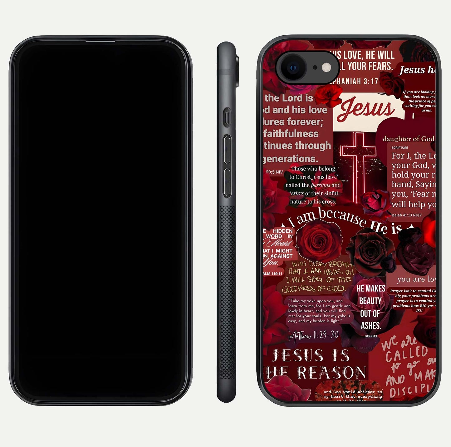 Jesus Love Heals Glass Case for iPhone 8 front and back view layout with elegant typography and smooth edges