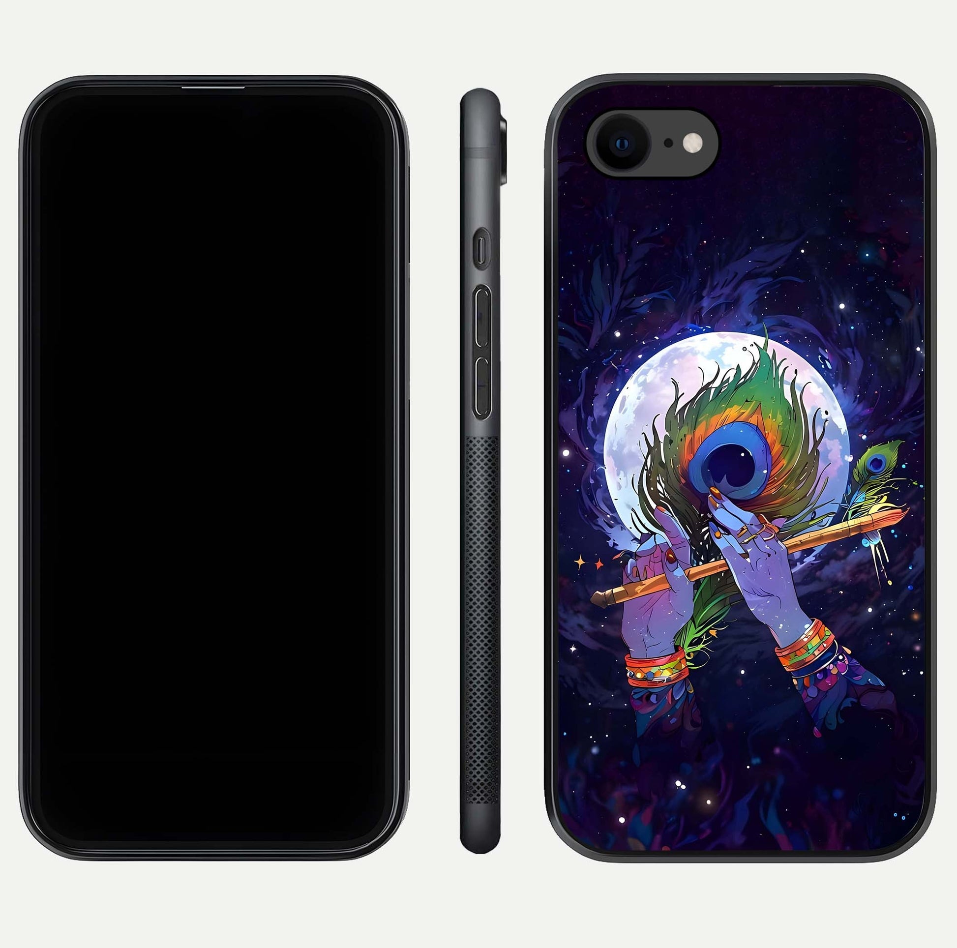 Krishna Hands Art Glass Case for iPhone 8 front and back view layout displaying soft edges and spiritual tones