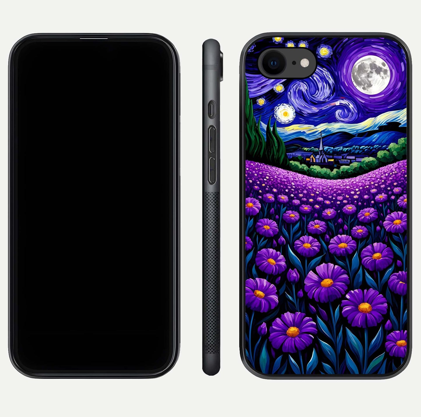Lavender Moon Field Glass Case for iPhone 8 front and back view layout with soft gradient and curved edges