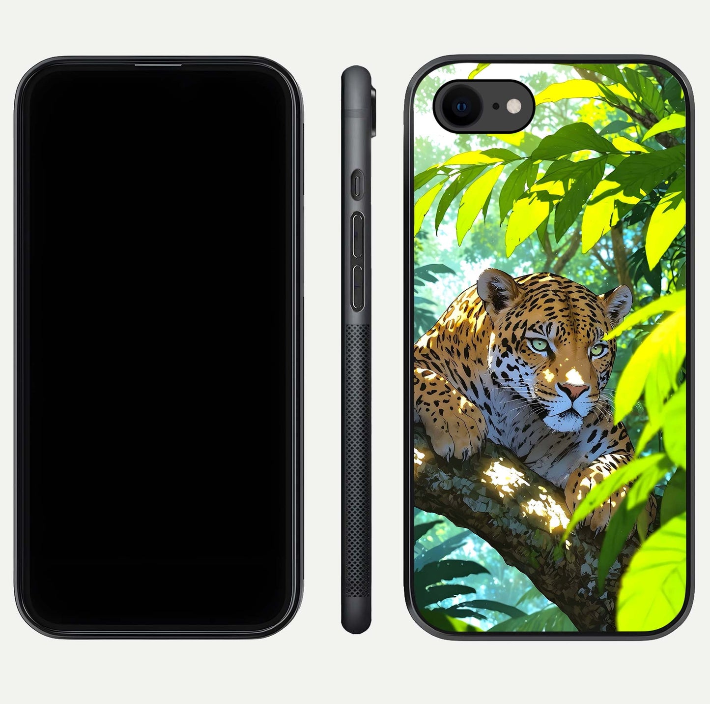 Leopard in Jungle Glass Case for iPhone 8 front & back layout with premium edge detailing and vivid jungle art