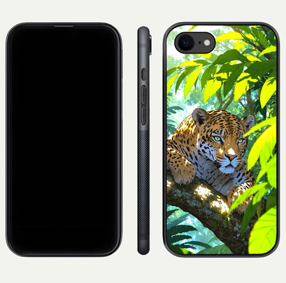 Leopard in Jungle Glass Case for iPhone 8 front & back layout with premium edge detailing and vivid jungle art