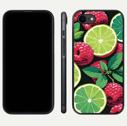 Lime and Raspberry Pattern Glass Case for iPhone 8 front & back layout highlighting fresh summer tones