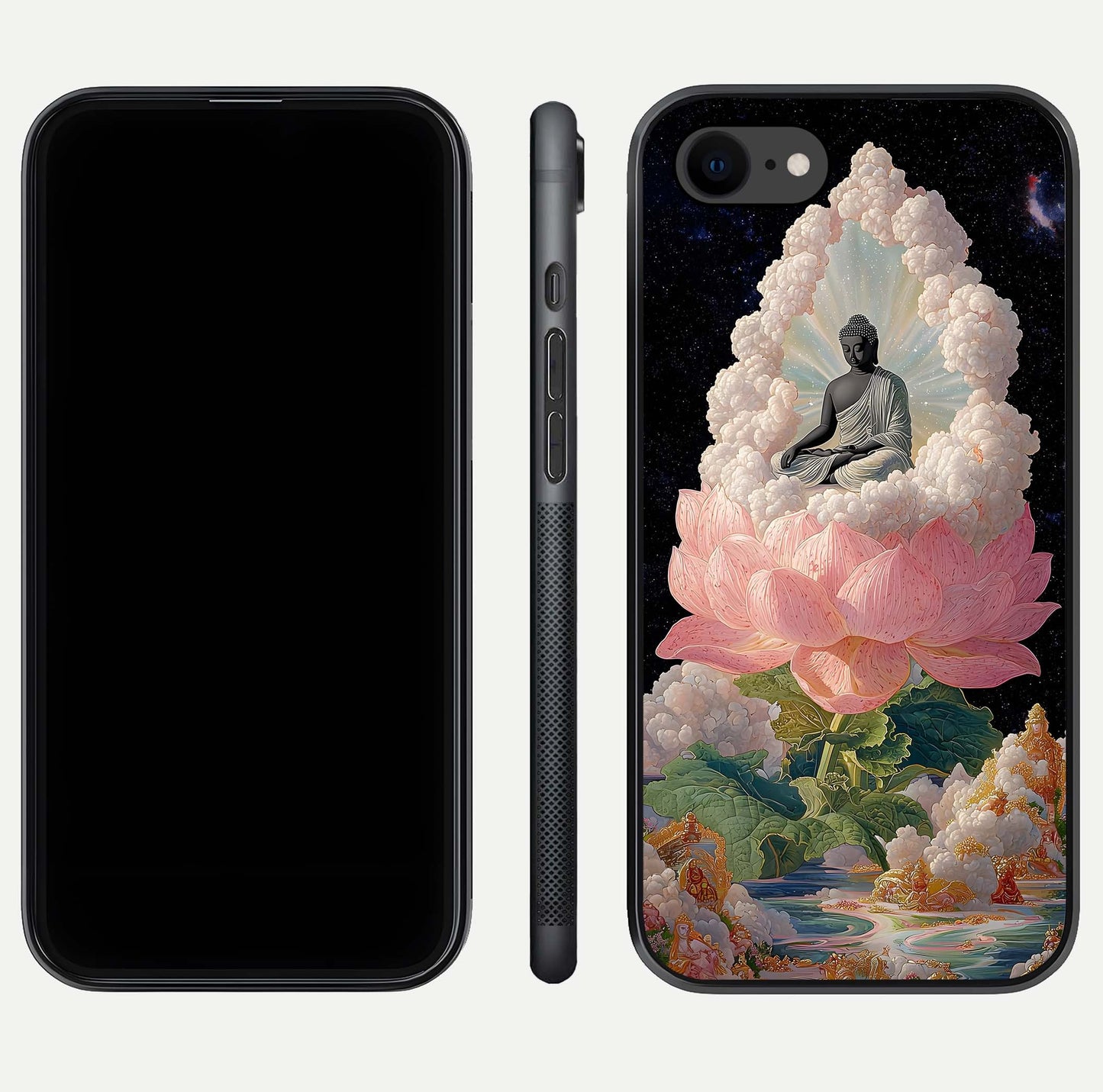 Lotus Divine Peace Glass Case for iPhone 8 front & back layout highlighting soft pink hues and curved edges