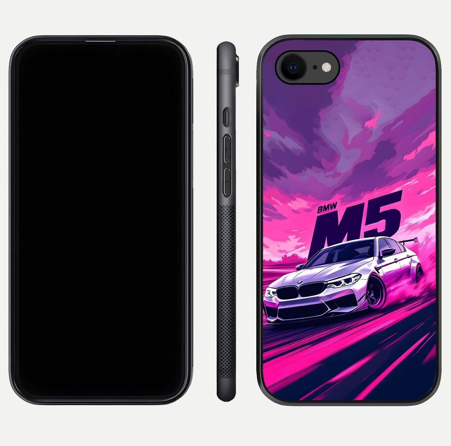 MS Neon Car Glass Case for iPhone 8 front & back layout highlighting automotive art and curved design