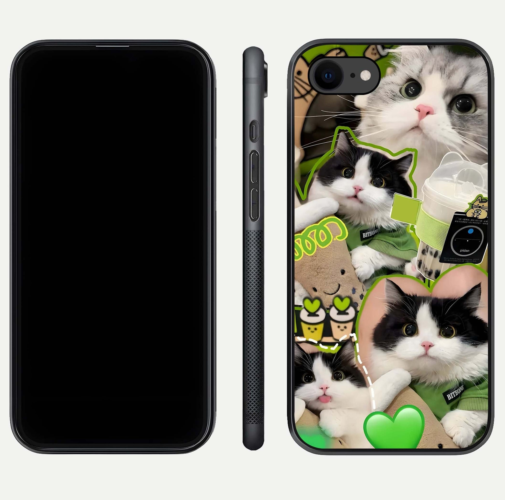 Matcha Cats Mood Glass Case for iPhone 8 front & back layout highlighting cute theme and smooth edges