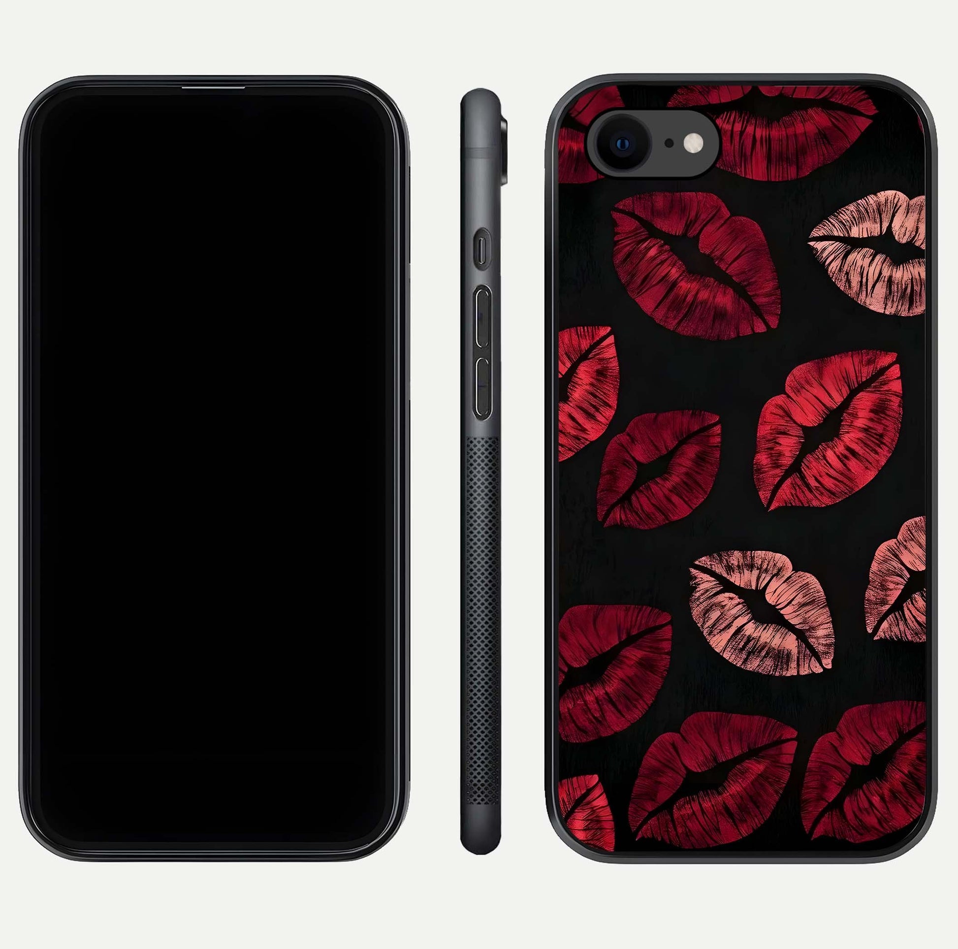 Midnight Kiss Love Glass Case for iPhone 8 front & back view layout showing romantic theme and smooth curves