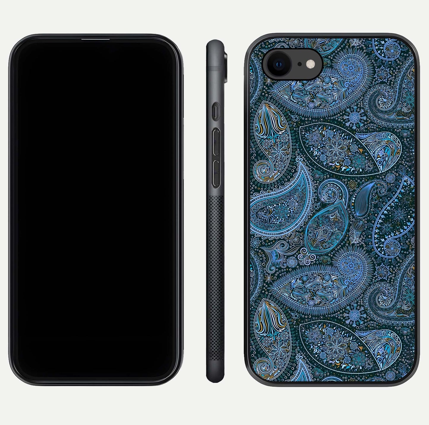 Midnight Paisley Glow Glass Case for iPhone 8 front & back layout highlighting elegant edge finish