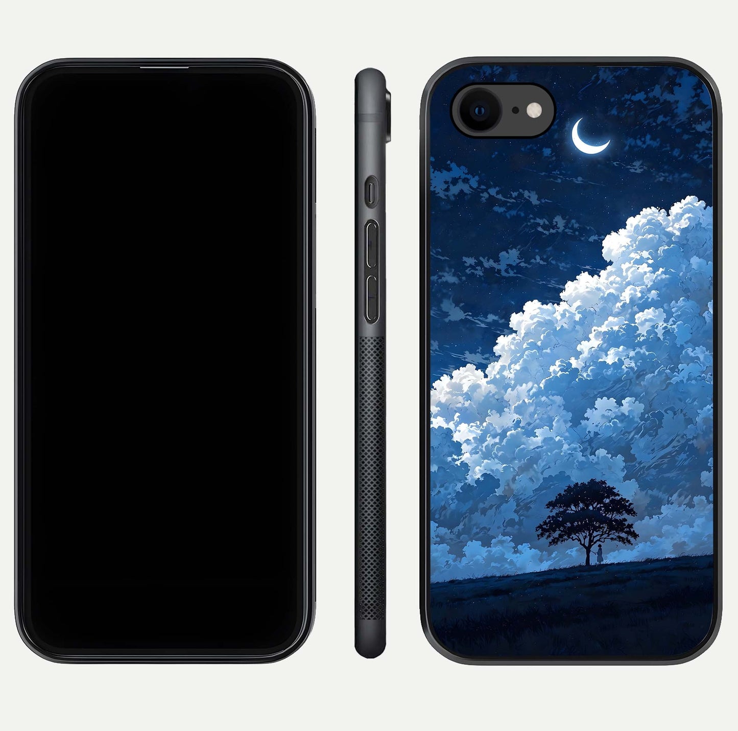 Midnight Sky Serenity Glass Case for iPhone 8 front & back layout highlighting celestial art and curves