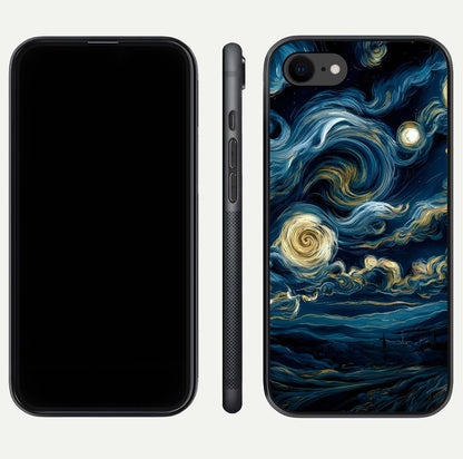 Midnight Sky Whirl Glass Case for iPhone 8 front & back layout highlighting celestial movement art