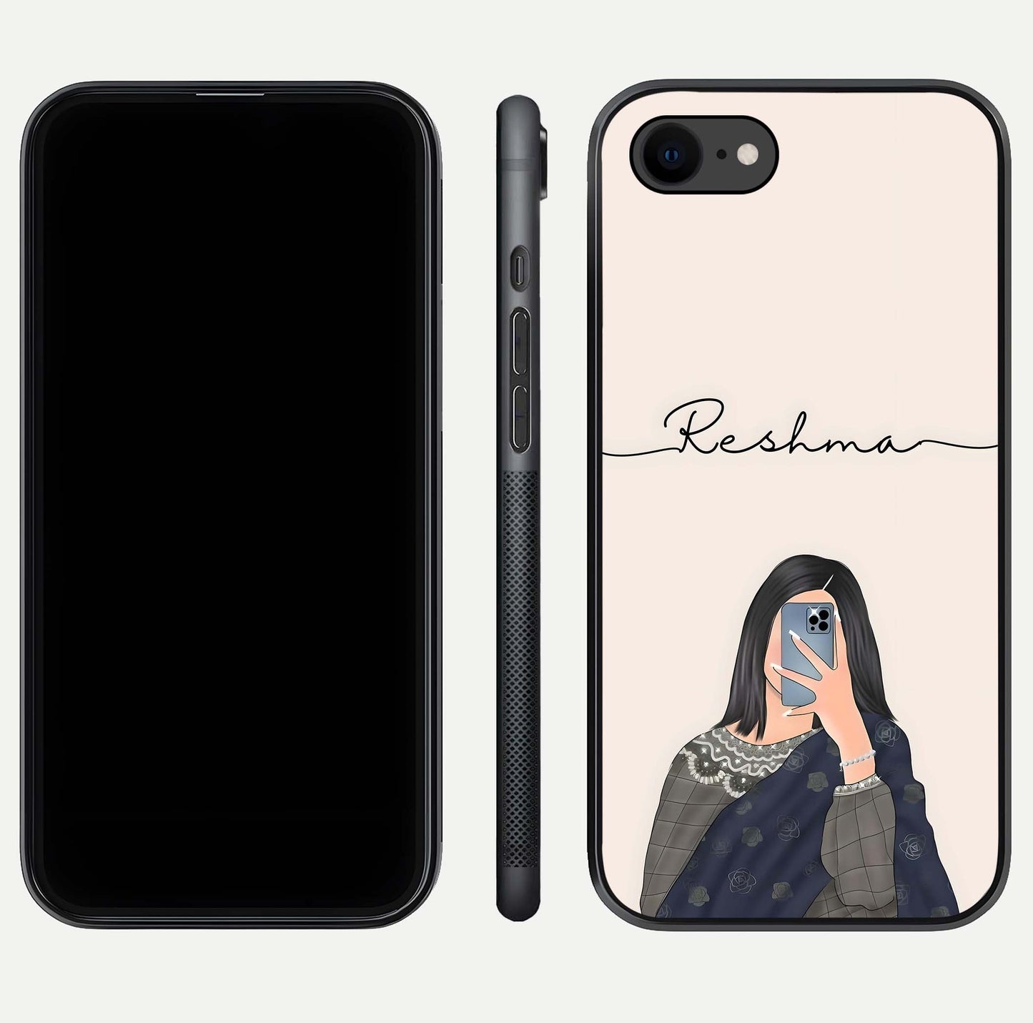 Mirror Mood Muse Custom Name Glass Case for iPhone 8 front & back layout showing personalized name placement