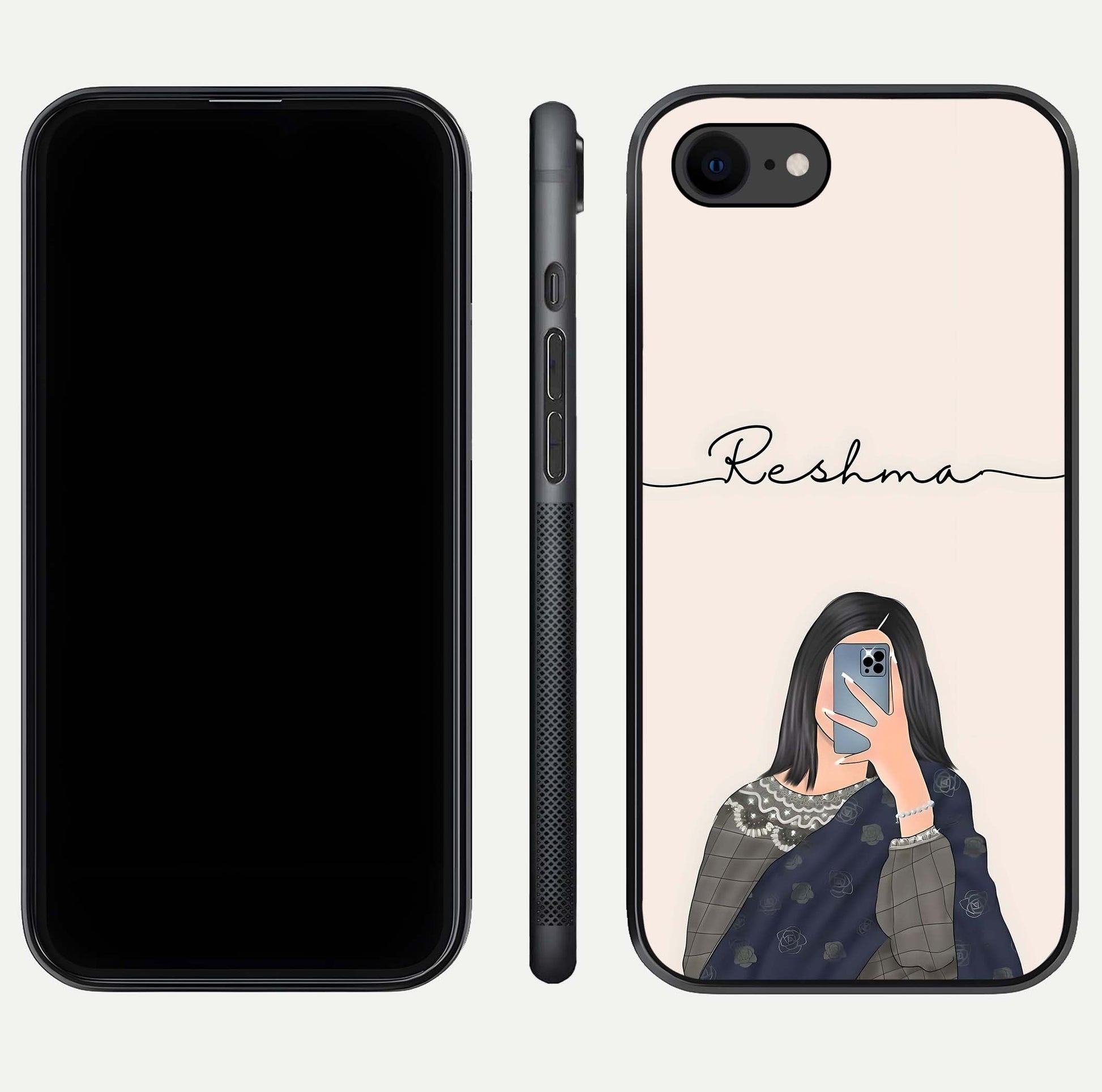 Mirror Mood Muse Custom Name Glass Case for iPhone 8 front & back layout showing personalized name placement