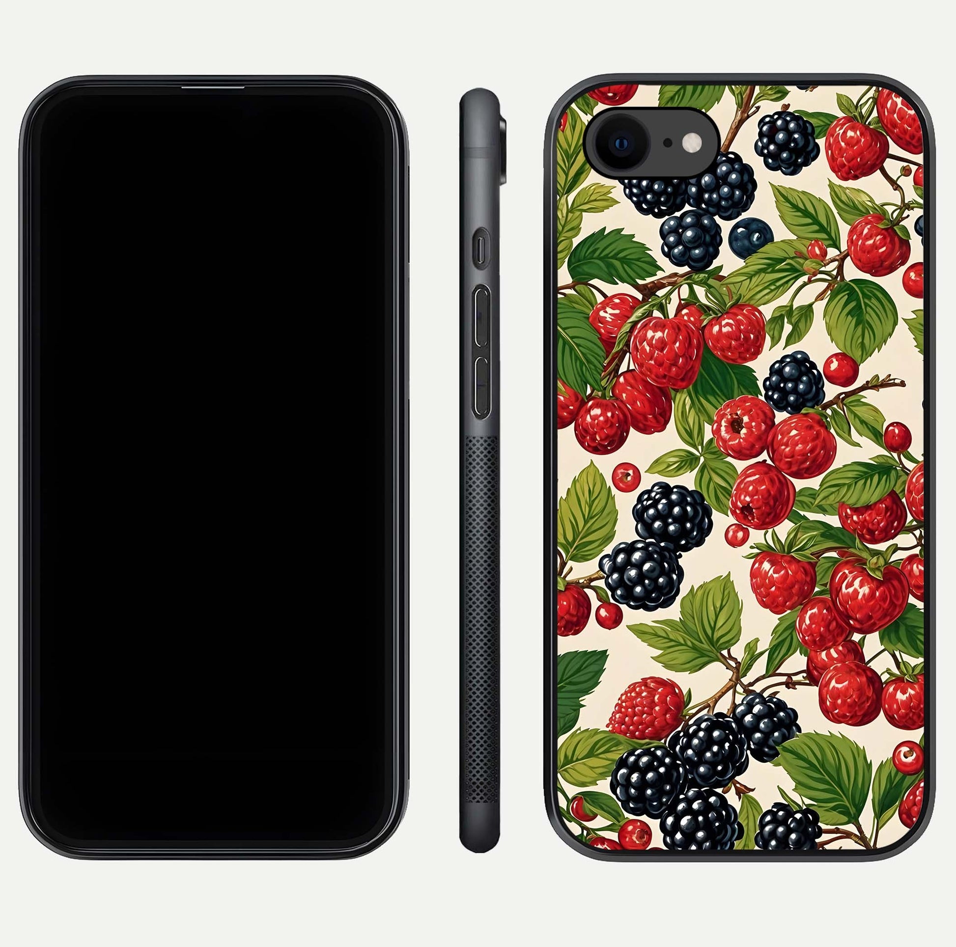 Mixed Berry Collage Glass Case for iPhone 8 front & back layout highlighting colorful art and curved edges